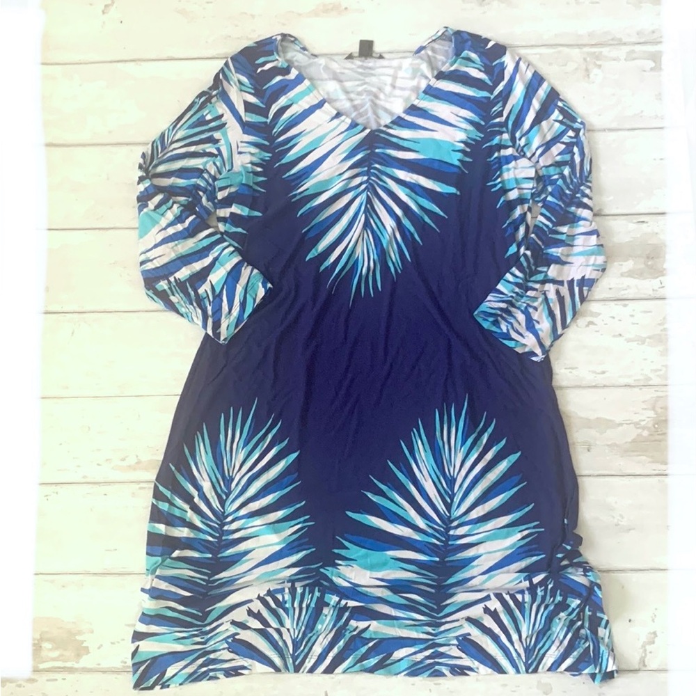 Tommy Bahama L/G Women’s Blue Long Sleeve Dress Palm Tree Leaves Size Large